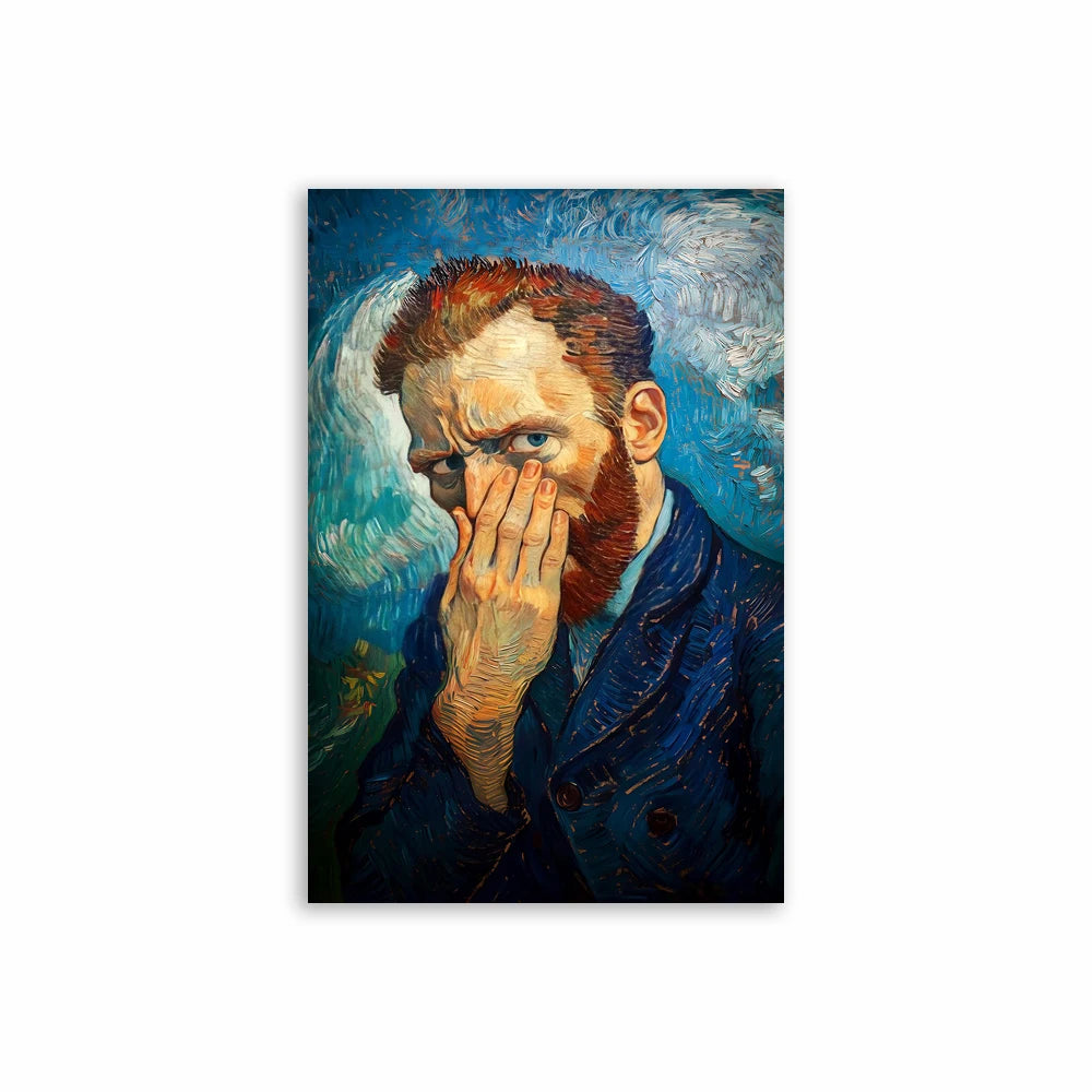 A painting depicting a man with reddish hair covering his face, looking distressed against a blue and white background.