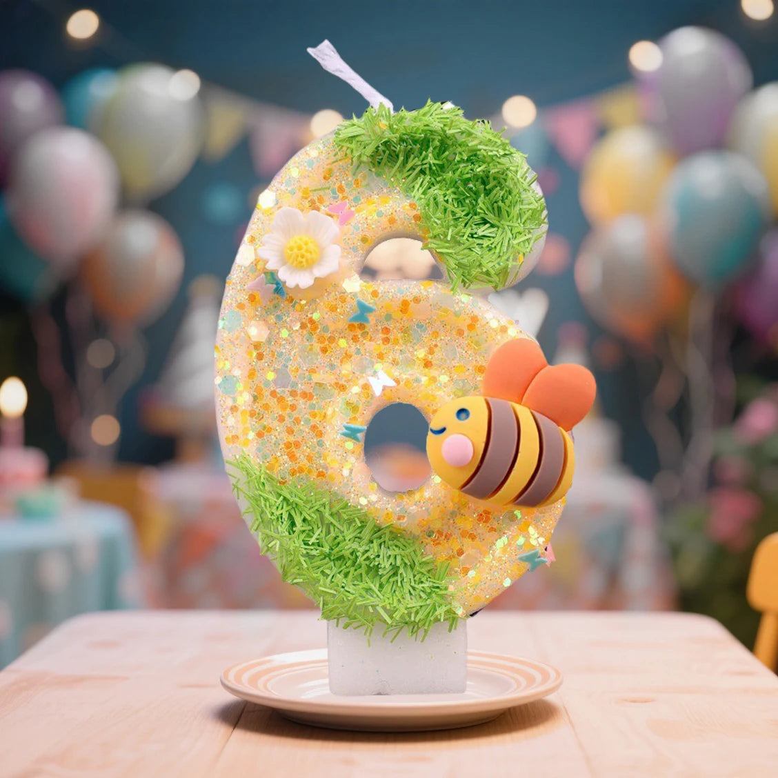 A large yellow number six decorated with green moss and an orange bee on a white stand for a birthday candle