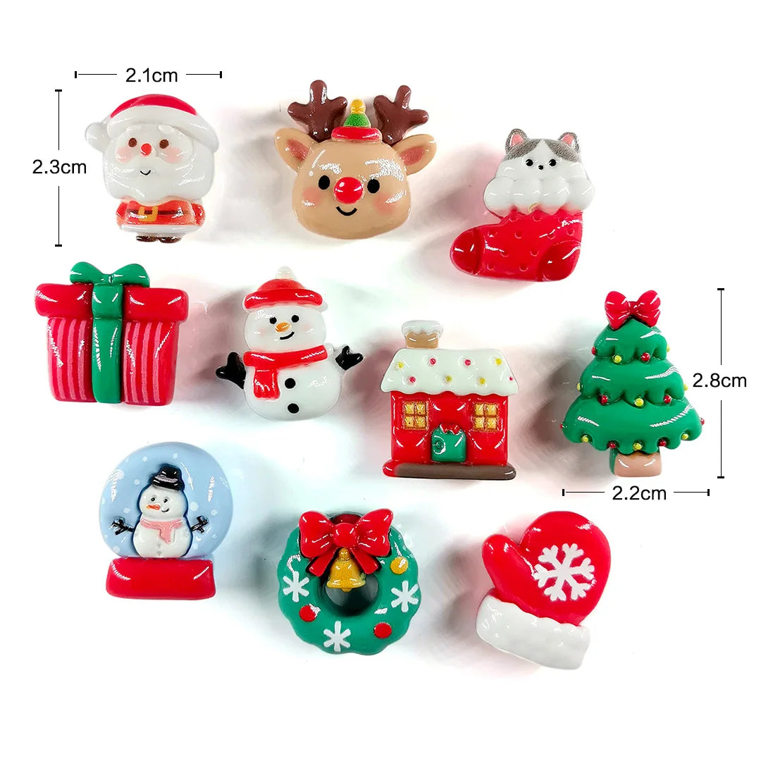 Un juego de lindos imanes navideños con personajes como Santa, renos, muñecos de nieve y un árbol de Navidad.