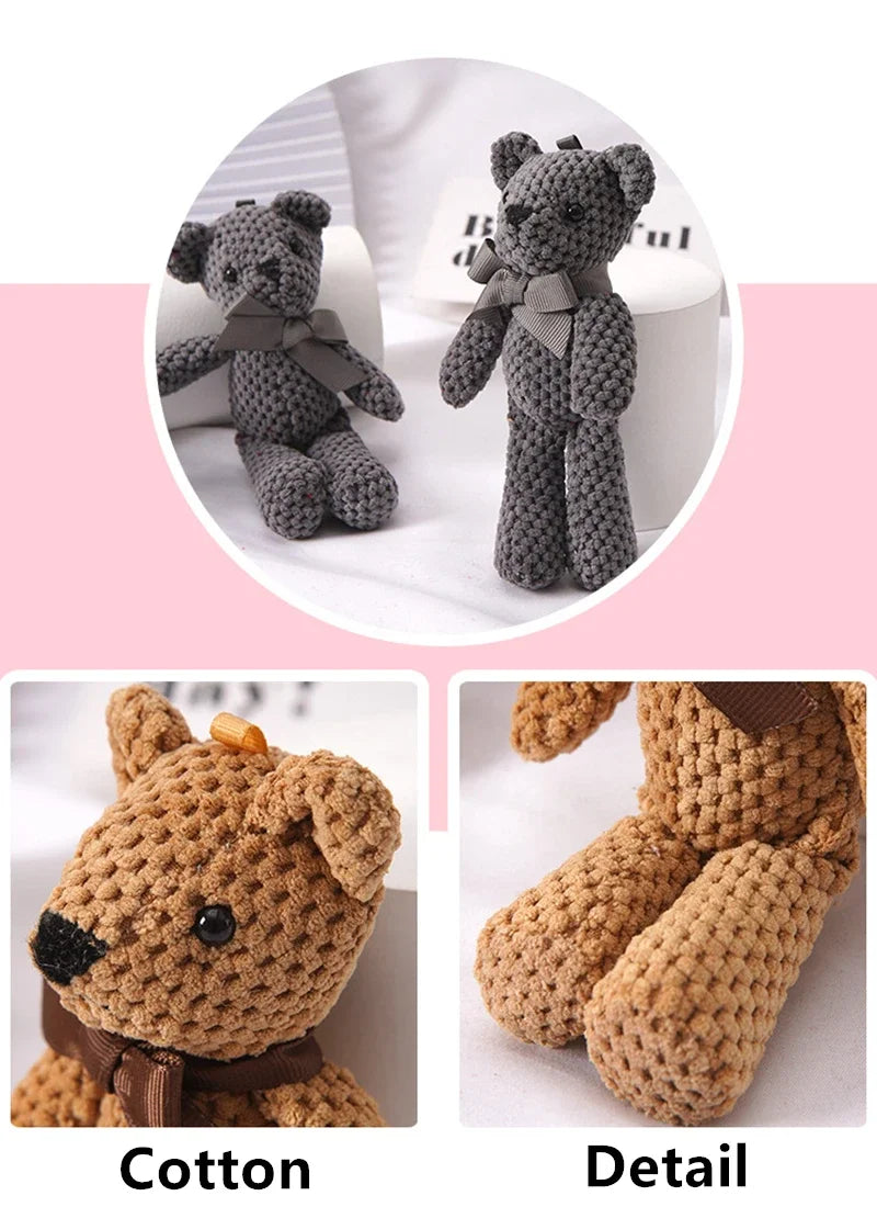 A close-up of a gray knitted stuffed bear key pendant and a light brown knitted bear detail.