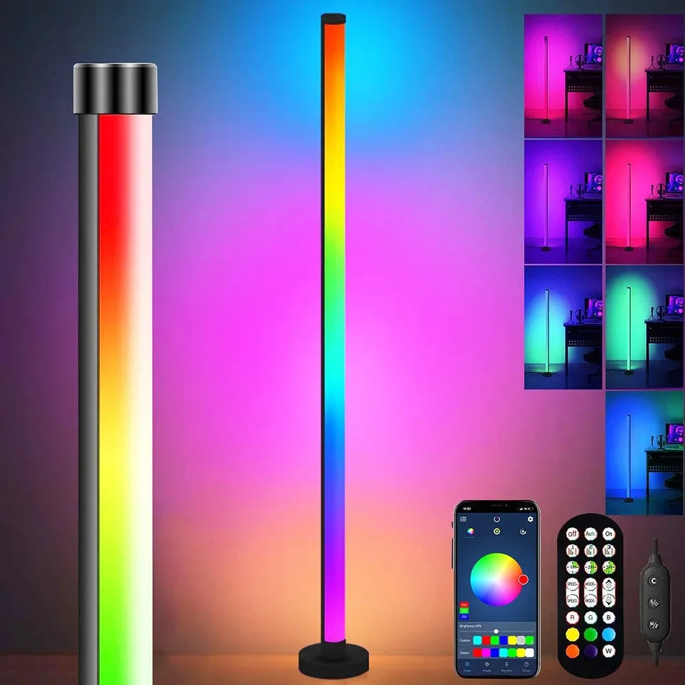 A tall, vertical RGB floor lamp displaying a full spectrum of light, with an accompanying smartphone and remote control.