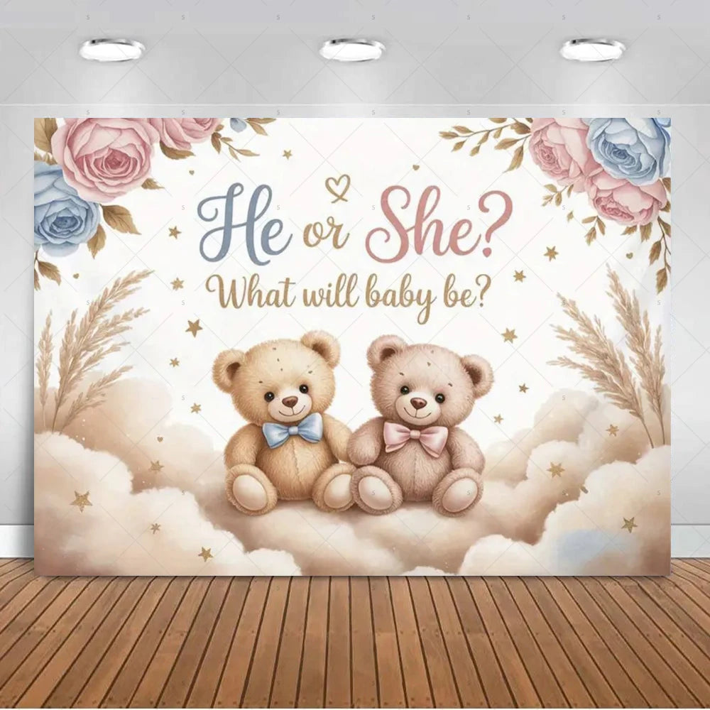 A soft watercolor gender reveal backdrop featuring teddy bears, roses, and delicate floral accents on a white background.