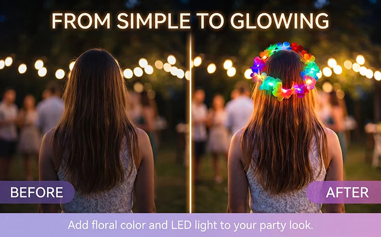 Before and after photos showing a woman's hair with an LED flower crown headband adding glowing lights to her look.