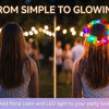 Before and after photos showing a woman's hair with an LED flower crown headband adding glowing lights to her look.