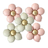 A set of five matte foil flower balloons in pink and silver with gold accents.