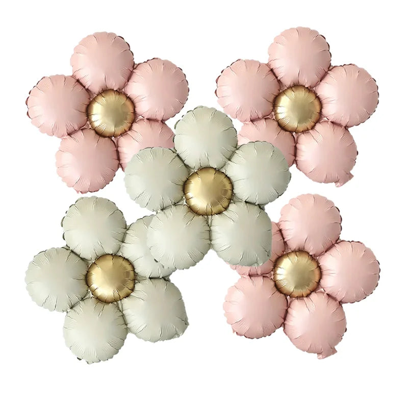 A set of five matte foil flower balloons in pink and silver with gold accents.