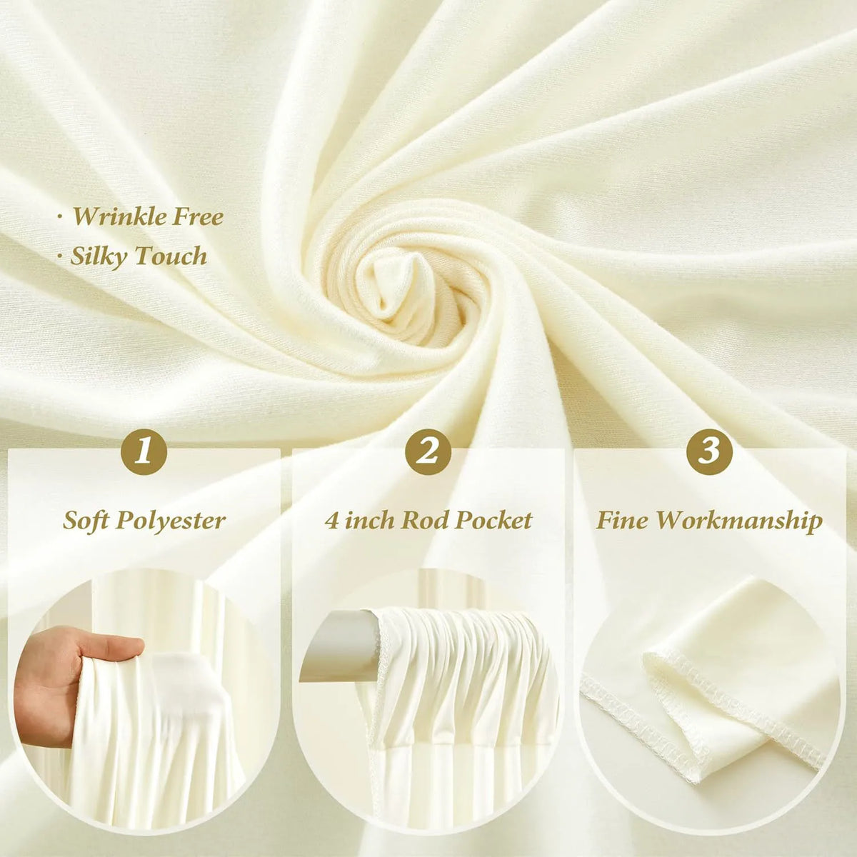 White silky fabric backdrop curtains shown in a swirling drape with close-ups highlighting soft polyester, a rod pocket, and 