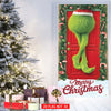 A festive red door cover flag featuring a bright green furry decoration and Christmas greenery.