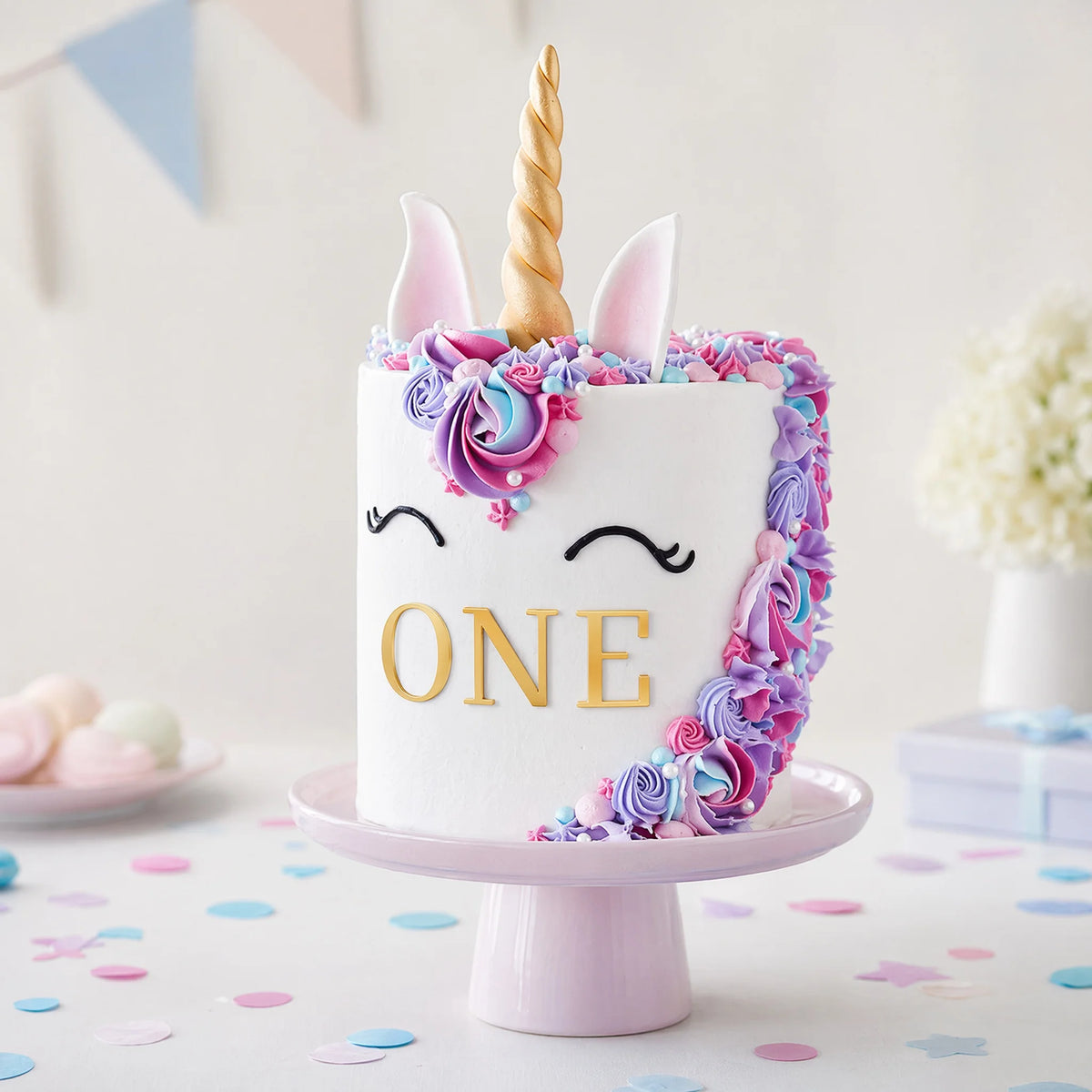 A white cake decorated with purple frosting and a gold unicorn horn, featuring the number one in gold lettering.