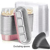 A stack of rectangular mini foil bread trays with clear lids and a separate black spoon is shown.