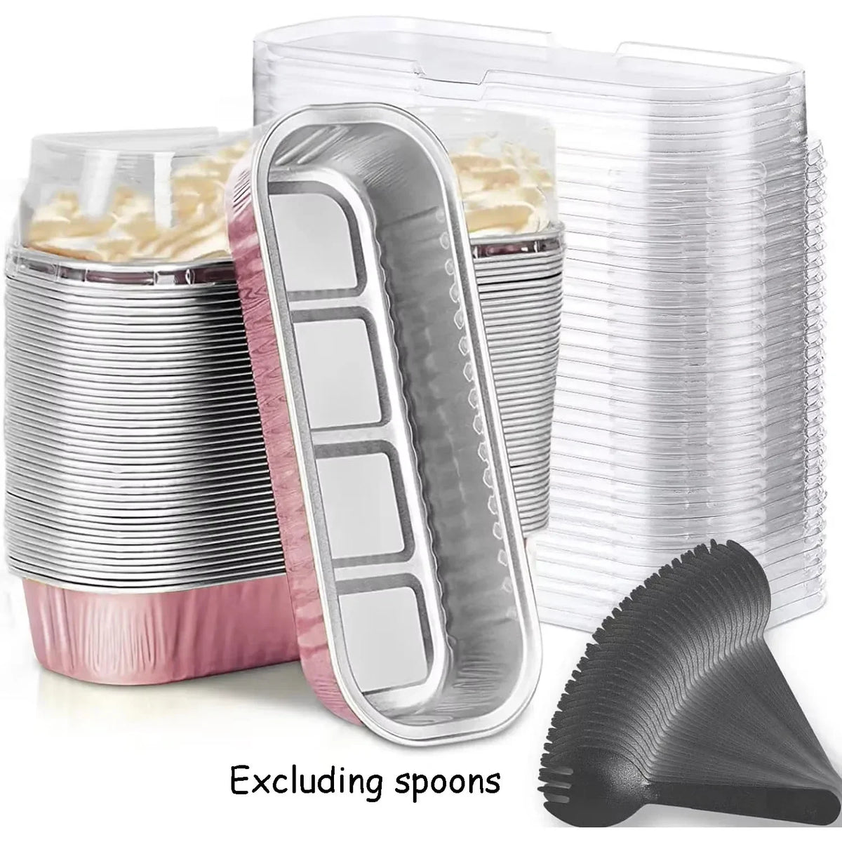 A stack of rectangular mini foil bread trays with clear lids and a separate black spoon is shown.