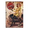 A vintage metal wall sign featuring a woman in a yellow outfit holding a bottle and surrounded by rusty textures.
