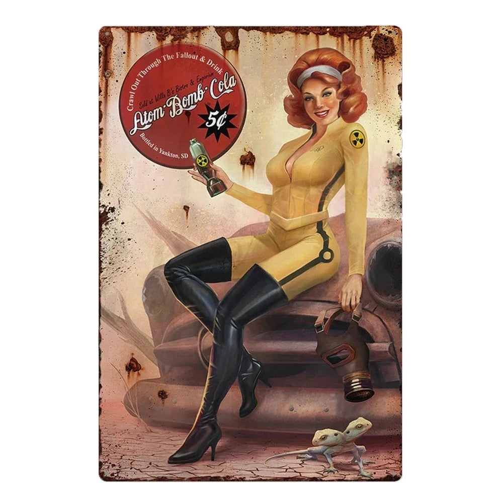 A vintage metal wall sign featuring a woman in a yellow outfit holding a bottle and surrounded by rusty textures.