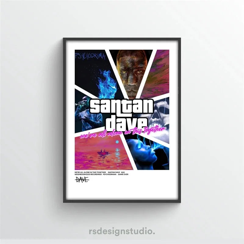 A framed canvas wall art featuring a collage of faces and abstract colors for the Santan Dave album.