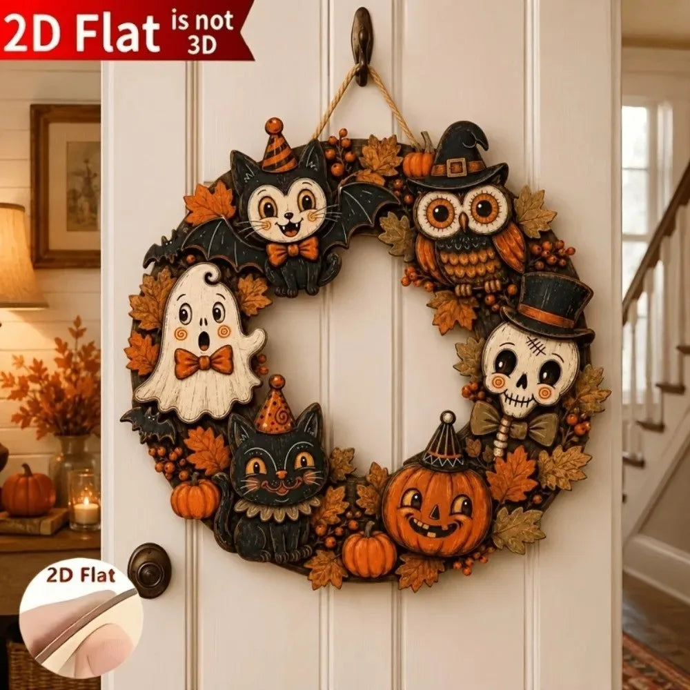 Vintage Halloween wooden wreath featuring carved cats and an owl for a door or wall decoration
