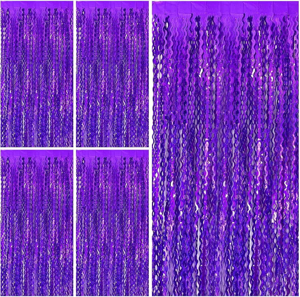 Violette Tinsel-Fransen-Hintergrundvorhänge mit welliger Textur und irisierendem Schimmer