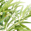 A close-up of vibrant green artificial bamboo leaves and stems.