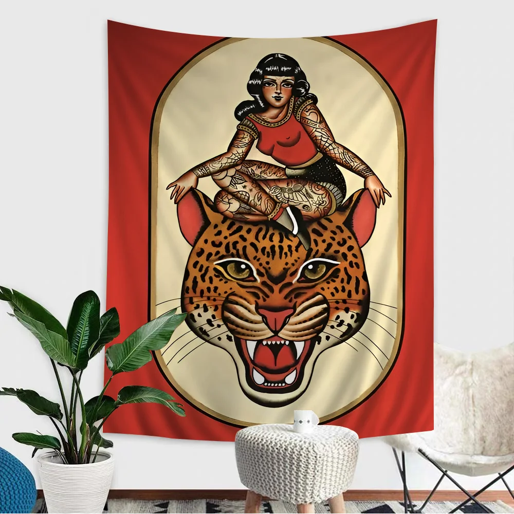 A tapestry featuring a vintage tattoo woman sitting on the head of a leopard with a fierce expression.