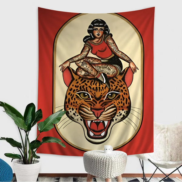A tapestry featuring a vintage tattoo woman sitting on the head of a leopard with a fierce expression.