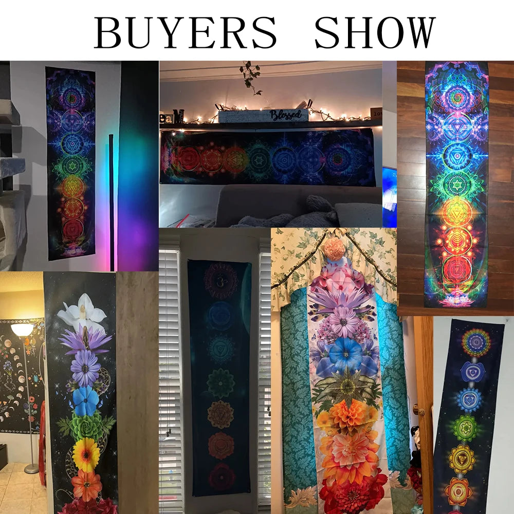 A collection of vibrant chakra wall tapestries featuring various colors and designs for spiritual decor.