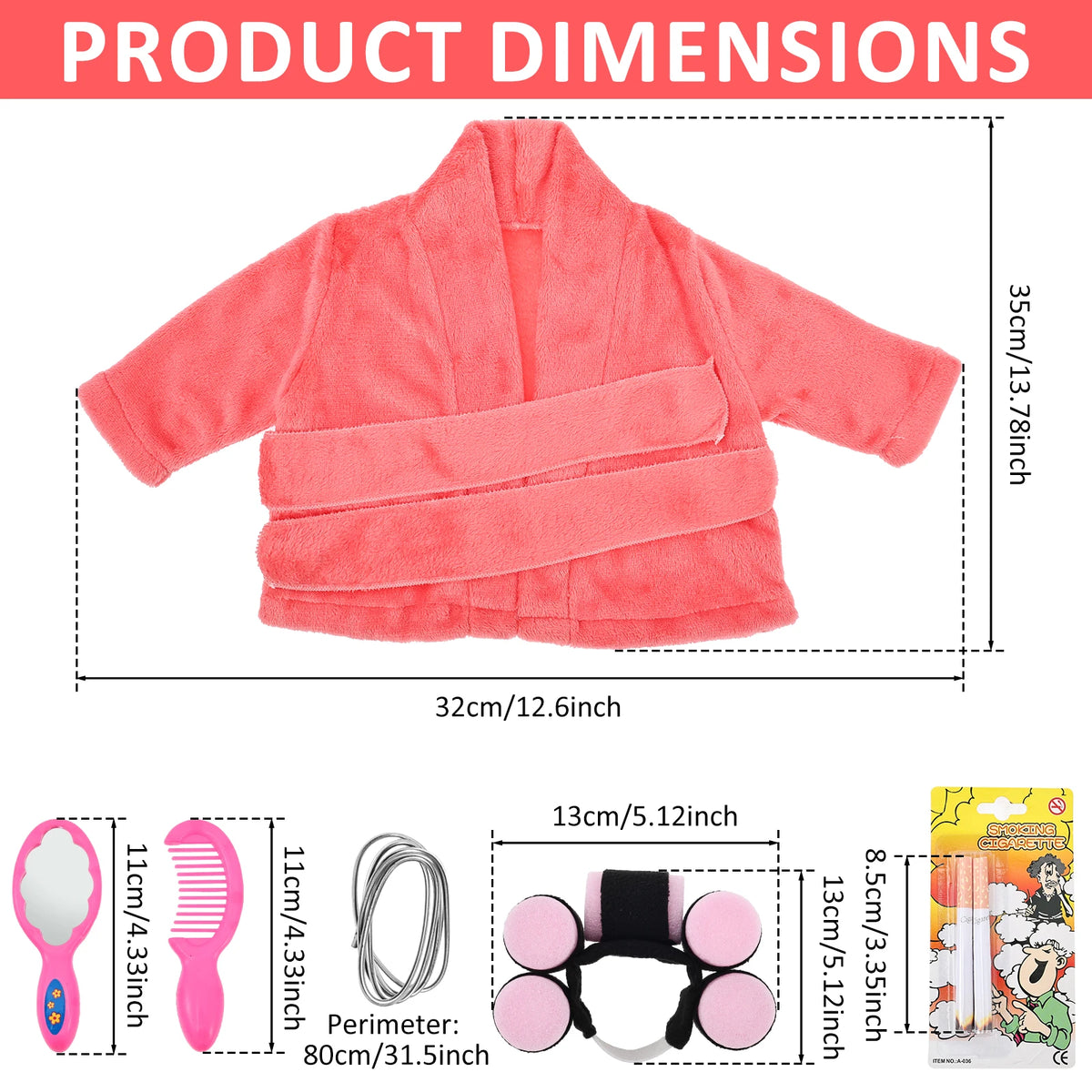 A pink fuzzy lawn goose costume set includes a jacket, a headband, and a mirror.