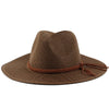 A brown woven straw sun hat with a wide brim and a leather cord detail.