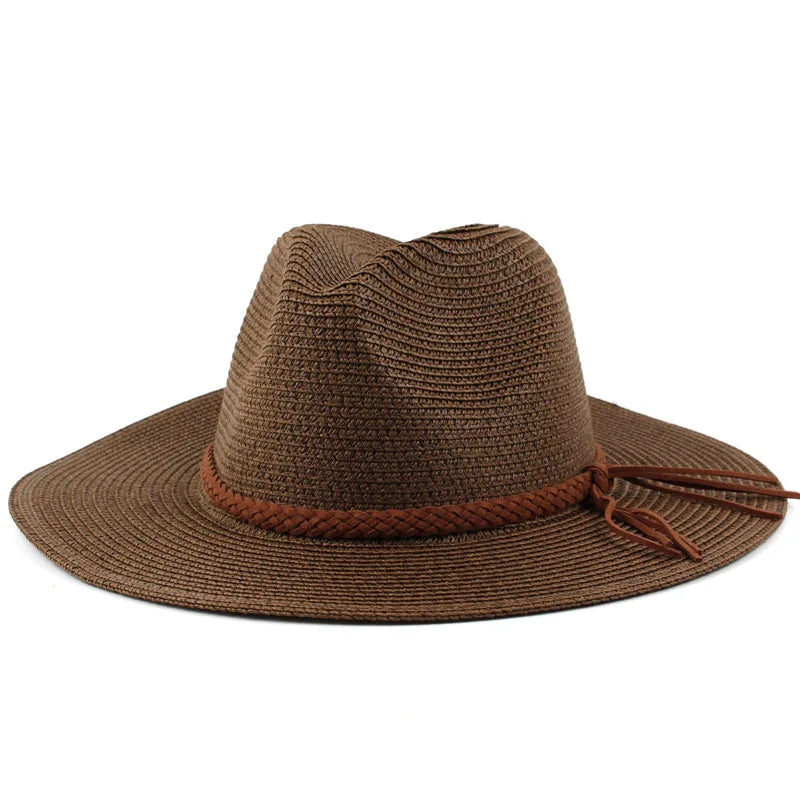 A brown woven straw sun hat with a wide brim and a leather cord detail.