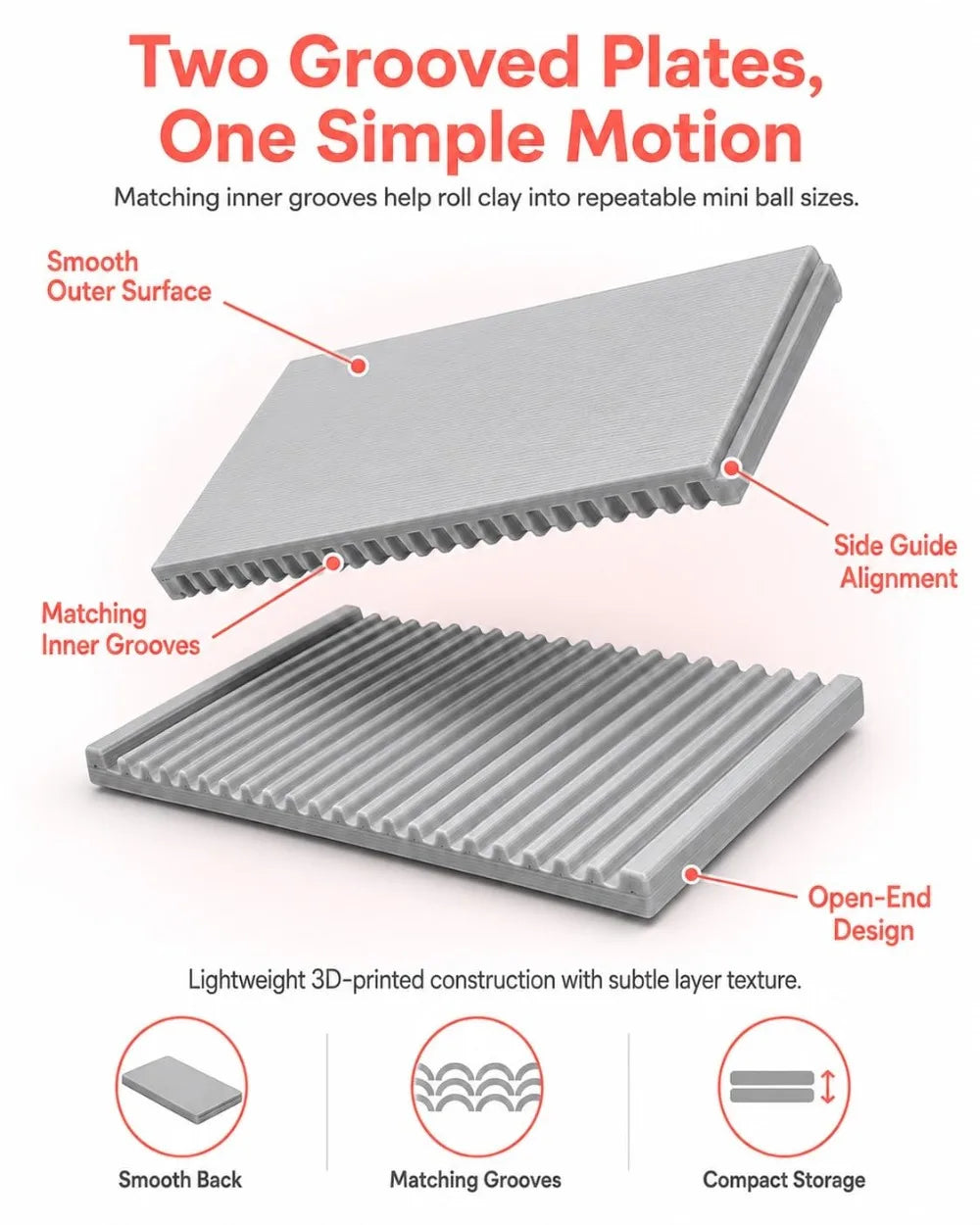 A set of two grooved plates used for rolling clay into mini ball sizes, featuring smooth outer surfaces and matching inner gr