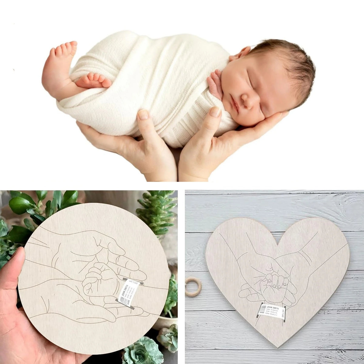 A newborn baby is cradled in a hand, with a personalized wooden heart keepsake sign visible.