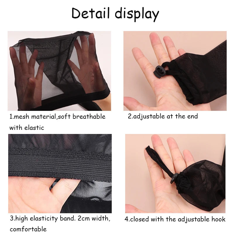 Detail display showing a black mesh hair net cap with an adjustable hook and elastic band.