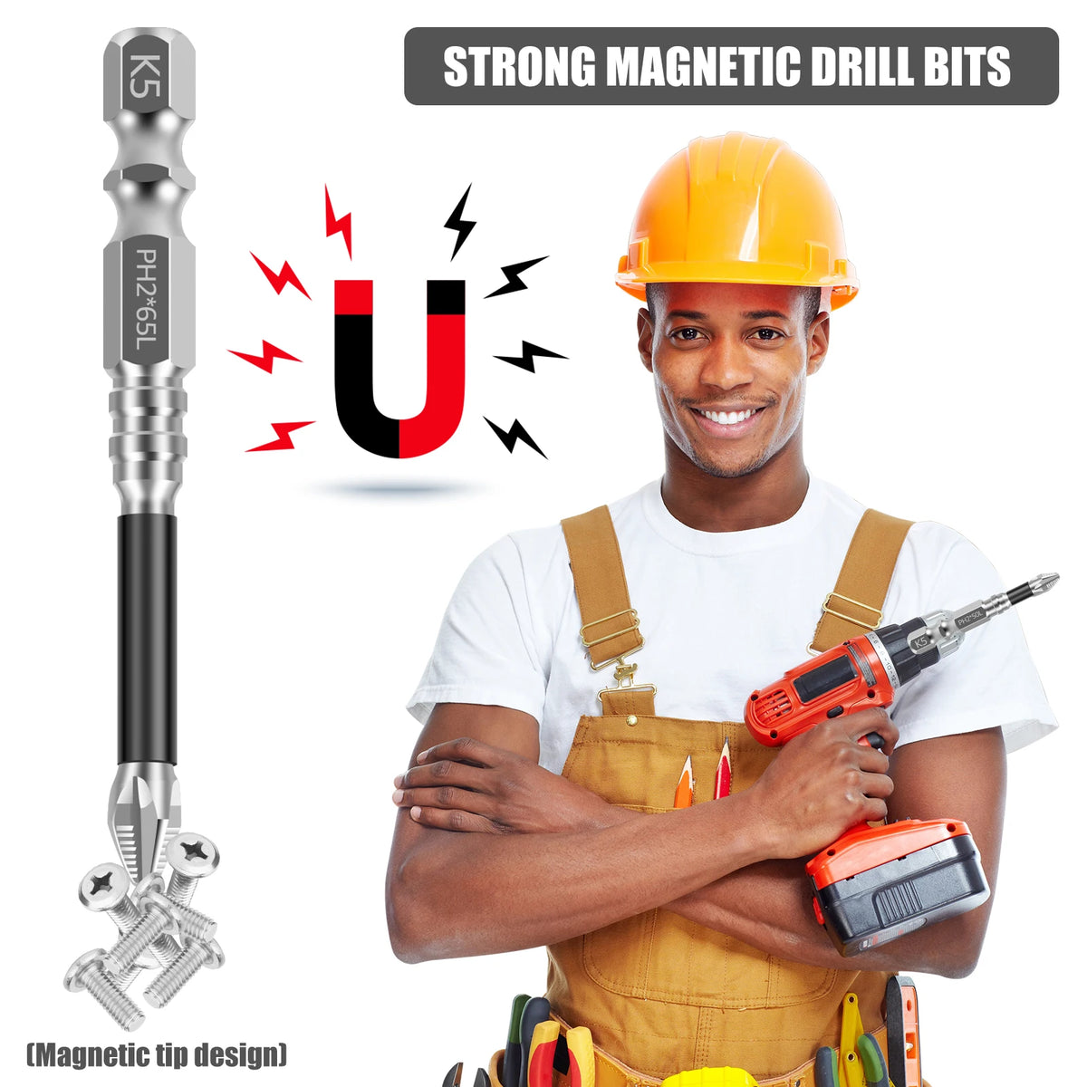 A man wearing a yellow apron and orange helmet holds an orange impact screwdriver bit set with a magnetic drill bit visible.