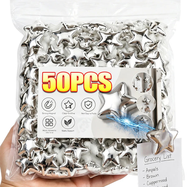 A clear plastic bag filled with 50 star-shaped magnetic photo clips for fridge and notice boards