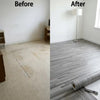 Before and after comparison of a room with wood grain floor stickers installed.