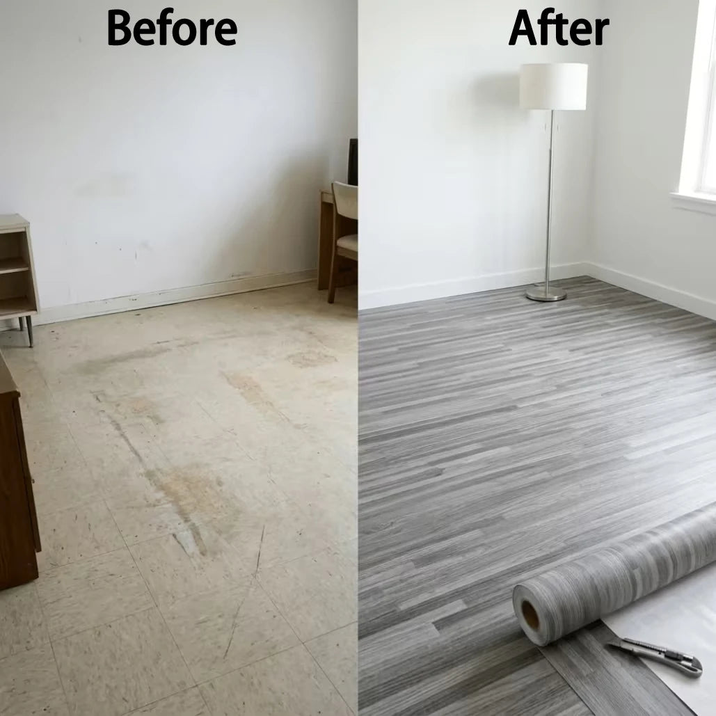 Before and after comparison of a room with wood grain floor stickers installed.