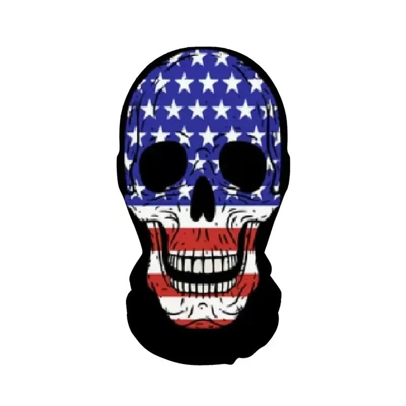 A skull face mask design featuring the American flag pattern on the forehead and a red-toned mouth.