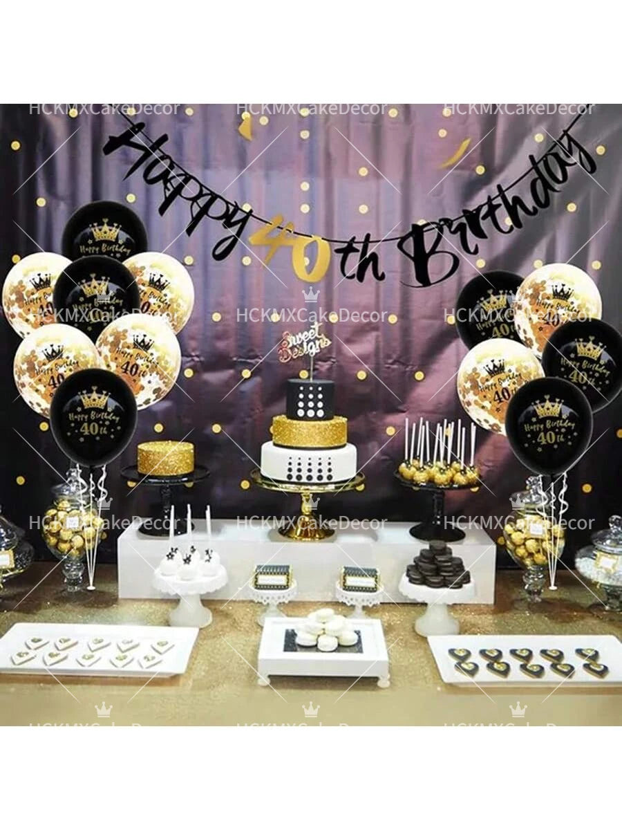 A black and gold glitter birthday banner strung across a backdrop with balloons and cake decorations.