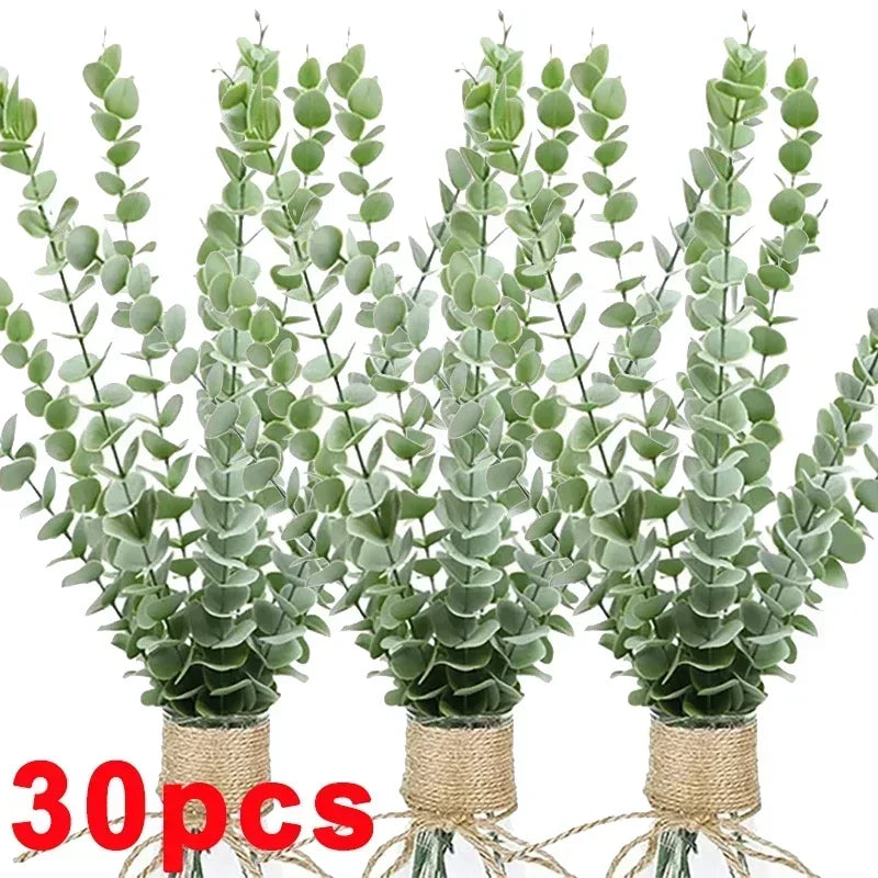 30 pieces of artificial eucalyptus stems with realistic green leaves used for home decor and wedding centerpieces