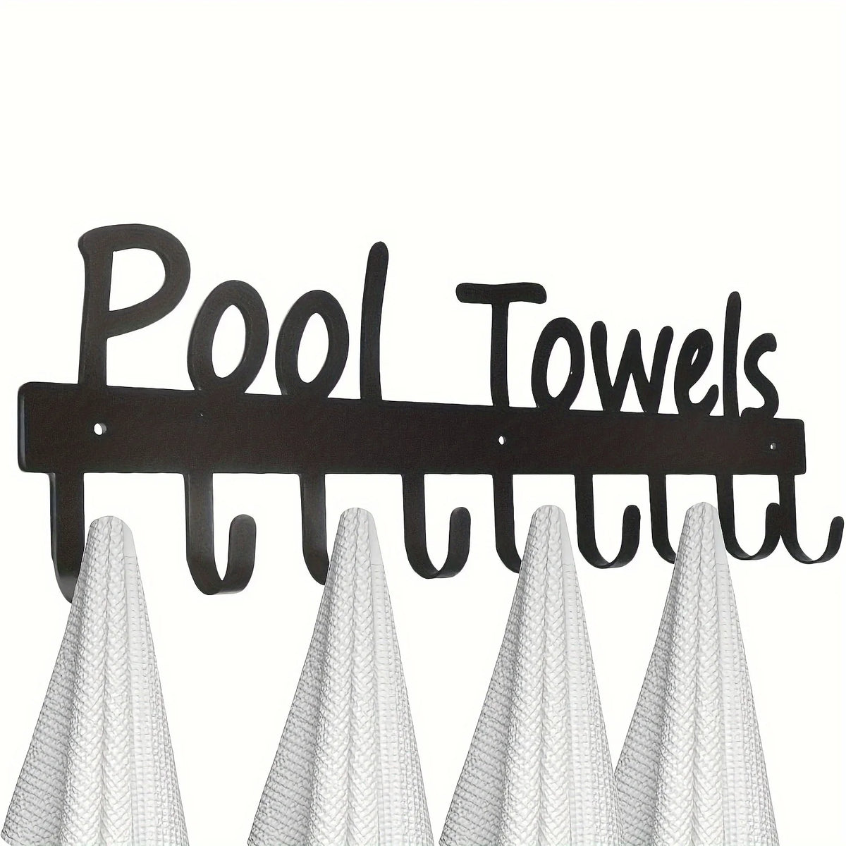 Un ensemble de crochets muraux en métal noir conçus pour suspendre des serviettes de piscine.