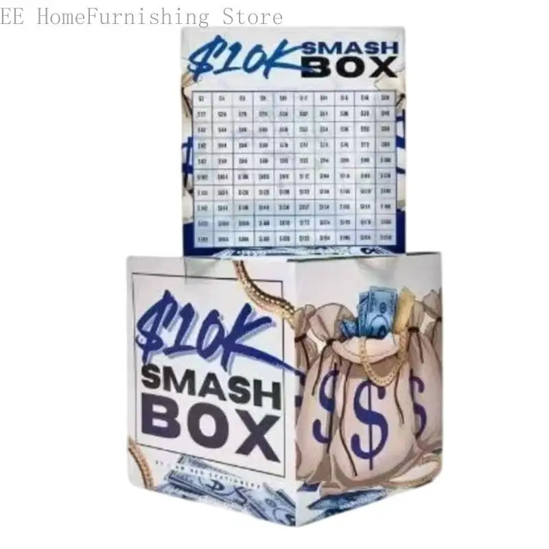 A clear acrylic smash box for budget planning and money storage with a blue and white grid pattern.