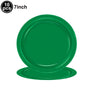 A green disposable paper plate shown flat, with a label indicating 10 pieces and 7 inch size.