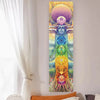 Vertical tapestry featuring a vibrant chakra design with iridescent colors and spiritual motifs.