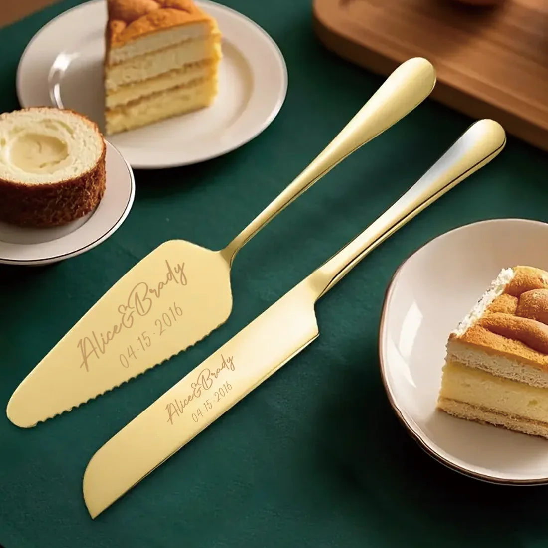 Personalized Engraved Stainless Steel Cake Knife and Server Set