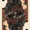 Spielkartengrafik der Jacke der Piken mit einem maskierten Krieger in dunkler Rüstung und traditionellen asiatischen Motiven.