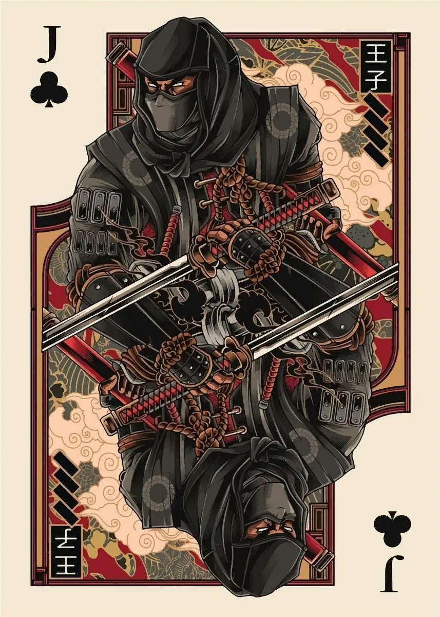 Spielkartengrafik der Jacke der Piken mit einem maskierten Krieger in dunkler Rüstung und traditionellen asiatischen Motiven.
