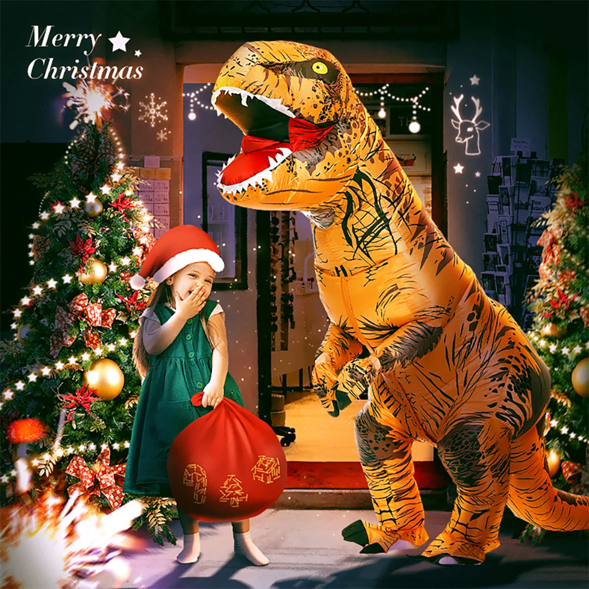 A yellow inflatable T-Rex costume standing next to a child in a Christmas setting.