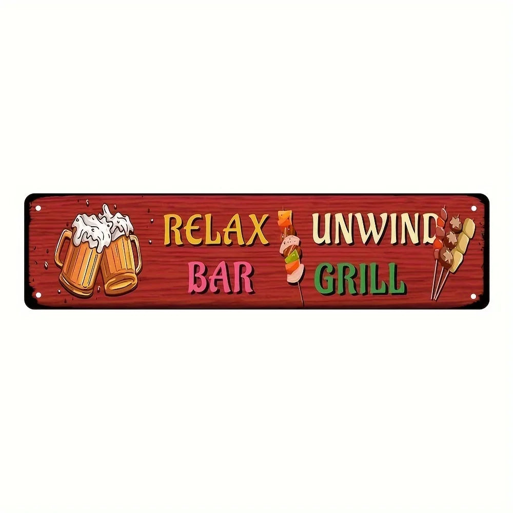 A vintage tiki bar metal sign with the text RELAX UNWIND BAR GRILL and illustrations of beer mugs and grilled food.