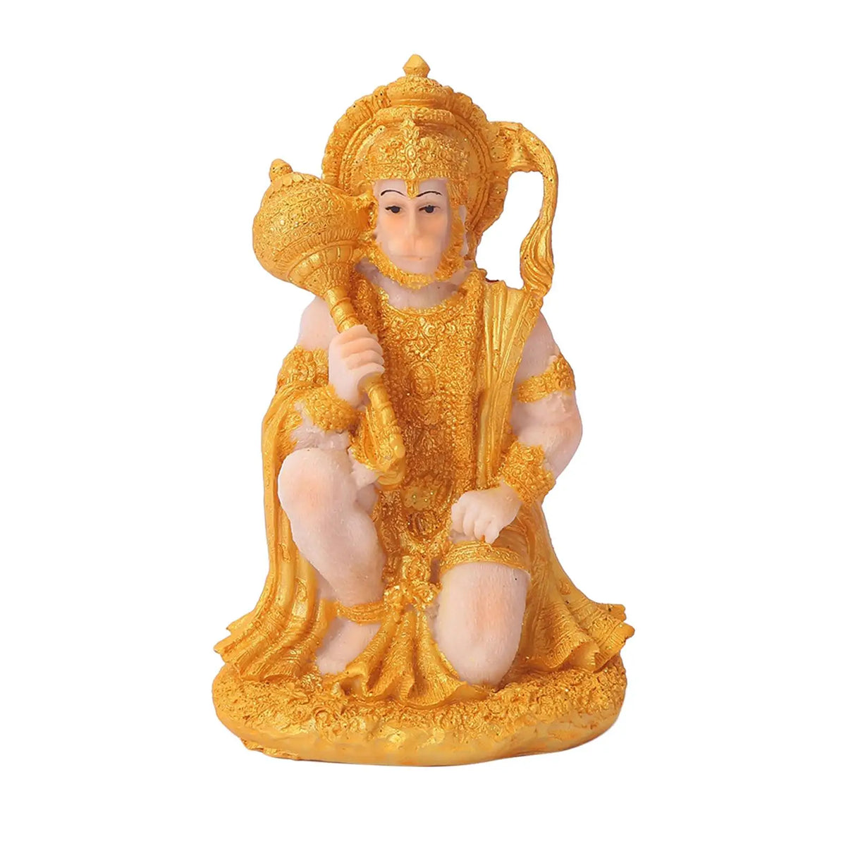 Handcrafted golden resin statue of Hanuman holding a mace, used for meditation and home decor.