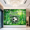 A vibrant green football-themed birthday backdrop featuring a soccer ball, trophies, and crowns.