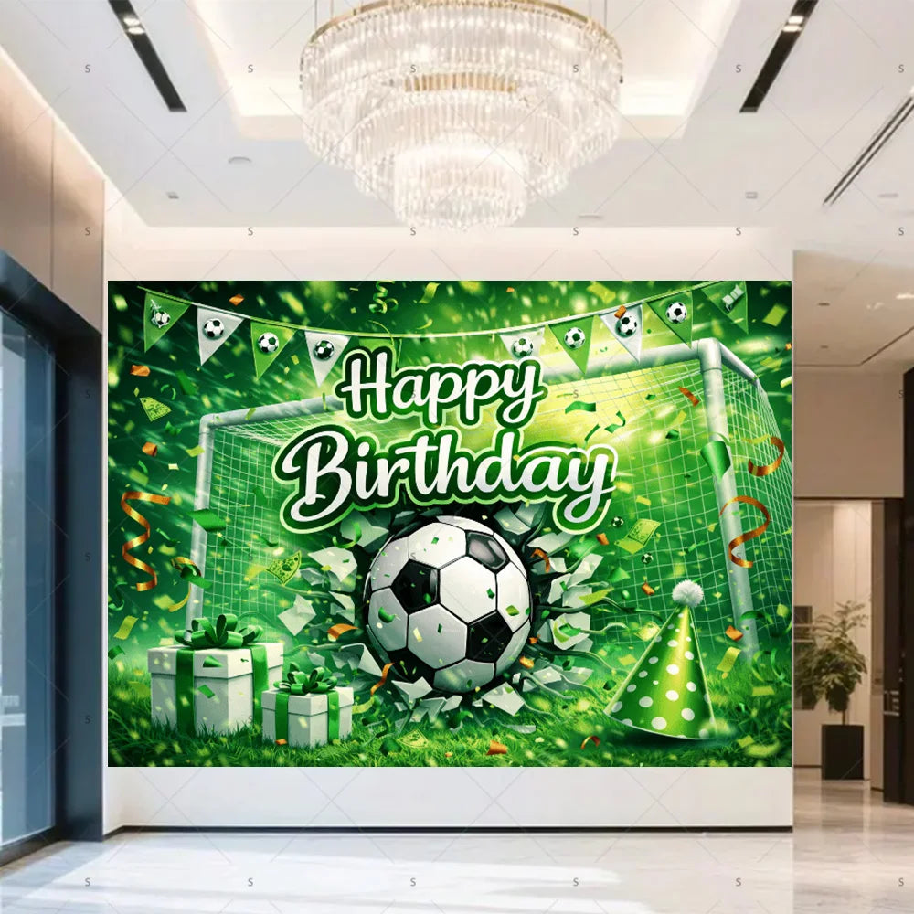 A vibrant green football-themed birthday backdrop featuring a soccer ball, trophies, and crowns.