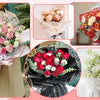 A collection of floral arrangements wrapped in decorative paper featuring pink, red, and white roses with gold accents.